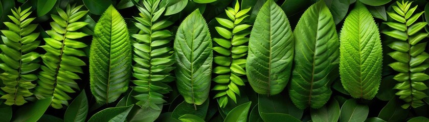 A vibrant and lush arrangement of various green leaves, showcasing nature's diversity and beauty in a seamless pattern.