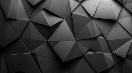 A dark, geometric background with sharp, angular shapes.