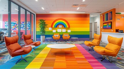 Corporate office featuring a dedicated space for LGBTQ+ employees, decorated with Pride symbols and rainbow colors. The space promotes safe spaces, inclusivity, and support, ensuring that all