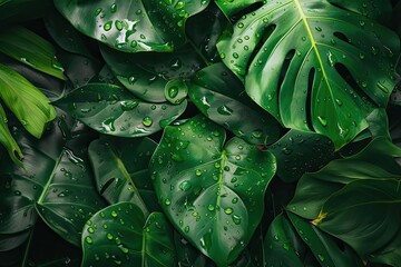 Fototapeta premium Close-up of lush green tropical leaves with water droplets, creating a fresh and vibrant nature background.