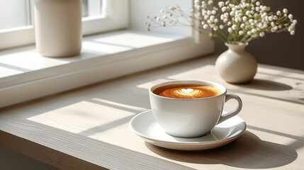 Obraz premium A cup of coffee sits on a table in front of a window. The coffee is steaming and there is a heart-shaped design in the foam. 