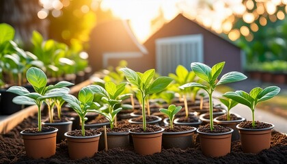 Plant seedlings and small plants in pots