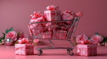 A shopping cart full of pink gifts on a pink background. 