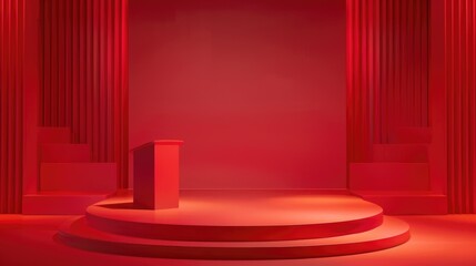 Podium on red stage with curtains. 3d rendering.