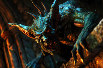 A grotesque demon emerging from the darkness of an ancient cell, ready to battle