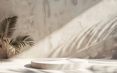 A round platform with a shadow of a plant on the wall