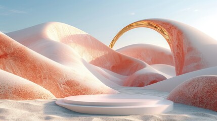 A barren pink desert with a white podium.