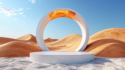 A barren desert landscape with a large, glowing ring in the distance. A white podium sits in the foreground, awaiting its occupant.
