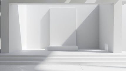 A 3D rendering of a minimalist white room. 