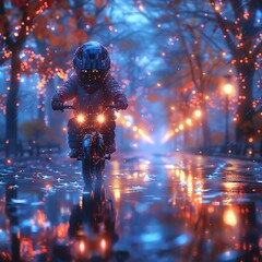 Cyberpunk style, neon colors, high detail.A child learning to ride a bike with holographic training wheels and safety tips, in a park setting.