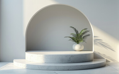 A modern minimalist display with a podium and a potted plant. The podium is made of concrete and has a simple, geometric design. 