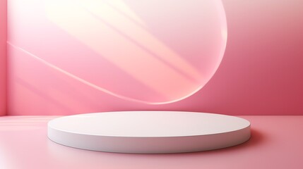 Minimalist pink background with white podium for product display.