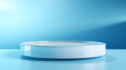 White round podium on a blue background with light glare. Perfect for product display.