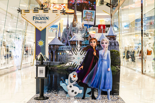 BANGKOK, THAILAND - 29 May, 2024 : Beautiful Photo Spot of Disney Animation Frozen II displays at the theater, Characters are Price Elsa, Prince Anna and Olaf The Cute Snowman
