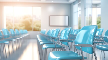 Empty conference room with blue chairs and white tables.