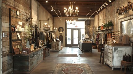Rustic boutique interior with exposed brick walls, wooden shelves, and vintage decor.