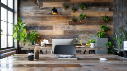 Modern rustic office with wooden walls, plants, and a desk with a laptop.
