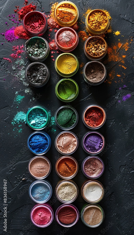 Poster An assortment of colorful makeup pigments and powders in small jars arranged on a black surface. Generative AI
