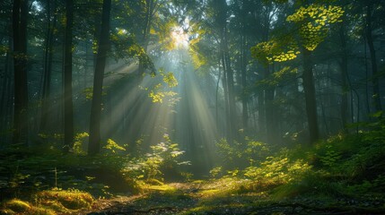 Sunlit Enchantment: A Mystical Forest with Sunlight Peeking Through Trees