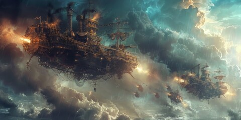 A steampunk-inspired airship battle amidst stormy clouds generated by AI