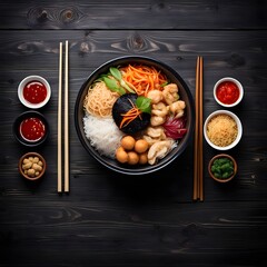 composition of various Asian food in bowl On a black wooden background. Top view. Free space for your text