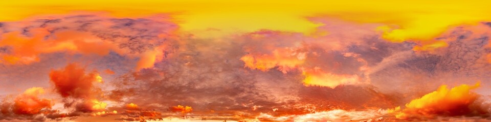 Golden glowing red orange overcast sunset sky 360 hdr panorama. Seamless spherical equirectangular panorama. Sky dome or zenith for 3D visualization and sky replacement for aerial drone 360 panoramas.