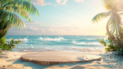 Fototapeta premium Scenic tropical beach with wooden platform, palm trees, and serene ocean waves under a bright blue sky. Perfect for travel and vacation themes.