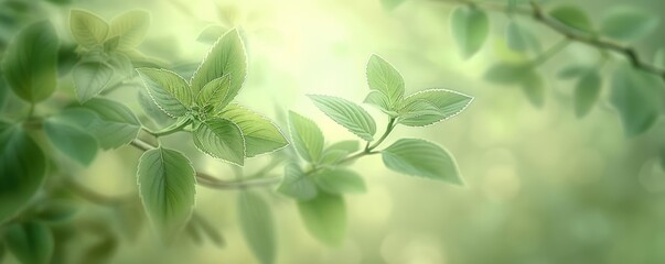 A close-up of fresh green leaves in soft sunlight, perfect for nature and tranquility-themed designs.
