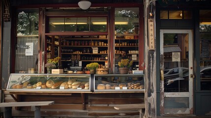 A quaint bakery with a reclaimed wood signboard, copy space, inviting charm, vibrant, overlay, small town backdrop