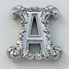 elegant and intricate silver letter A, shining brightly against a clean white background.