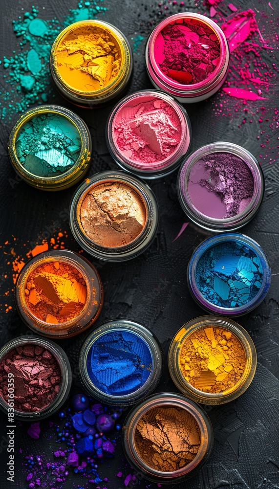 Poster an assortment of colorful makeup pigments and powders in small jars, arranged on a black surface. ge