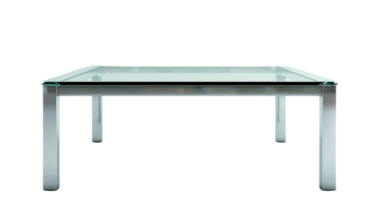 Modern square glass coffee table with a sturdy, chrome frame. Ideal for contemporary living spaces, this piece combines functionality with sleek, elegant design, isolated on transparent background
