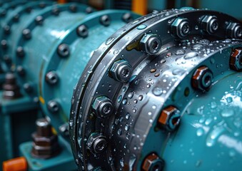 A close-up image of a water turbine component with water droplets
