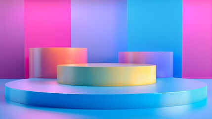 Vivid Color Podium Showcase: Realistic 4K Photo with Glossy Table on Blue Background
