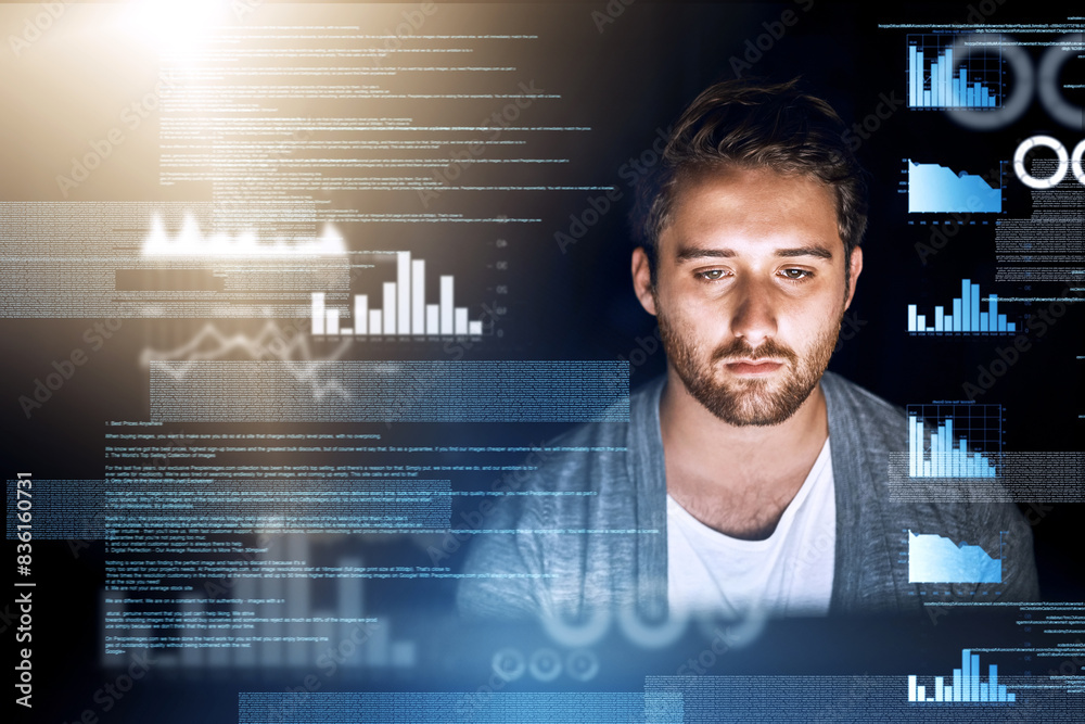 Aufkleber Tired, programmer and coding with statistics overlay for fintech app or reporting software and fatigue. Male person, web developer and burnout with hologram for data analytics and financial review