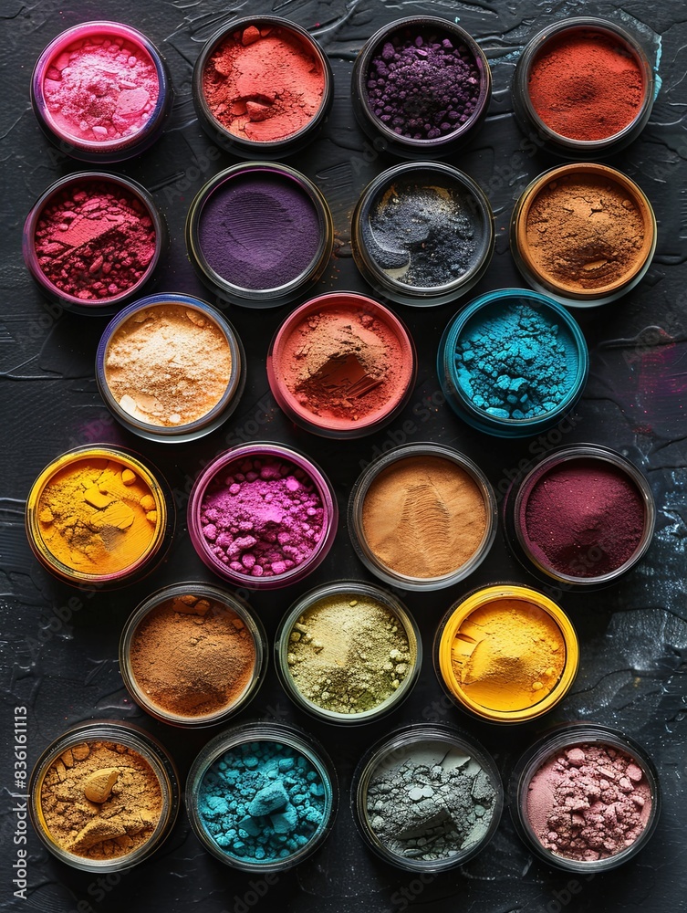 Poster a collection of colorful makeup pigments and powders in small jars, arranged artistically on a black