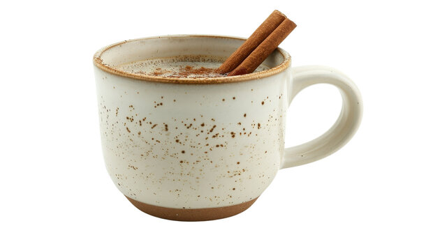 A speckled ceramic mug filled with spiced chai latte and topped with cinnamon sticks. The rustic and cozy design evokes a sense of warmth and comfort, isolated on transparent background