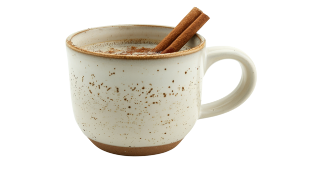 A speckled ceramic mug filled with spiced chai latte and topped with cinnamon sticks. The rustic and cozy design evokes a sense of warmth and comfort, isolated on transparent background