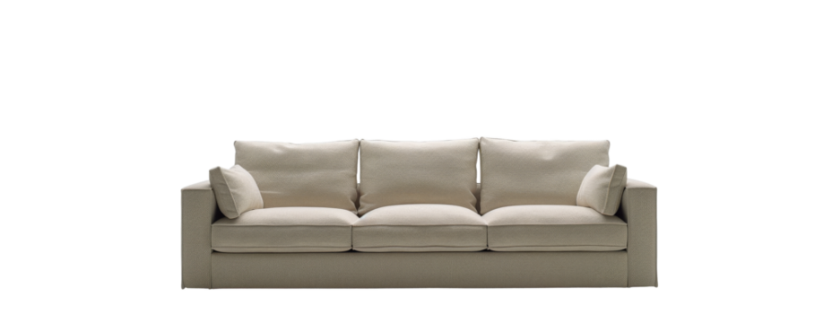 Minimalist beige sofa with a sleek design and matching cushions. This contemporary piece adds a touch of elegance and simplicity to modern living spaces, isolated on transparent background