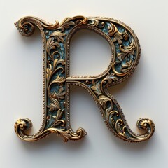 ornate gold letter R elegantly sits on a white surface, radiating luxury and sophistication.