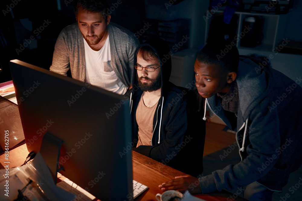 Poster Men, web design and teamwork with computer for cyber security, firewall breach and data protection update. Programming group, tech support and meeting for glitch, 404 or error on on company network