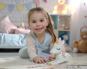 Real photo. 4K. The image depicts a little girl plays with a small flat wooden unicorn toy in a children's room with a smile on her face