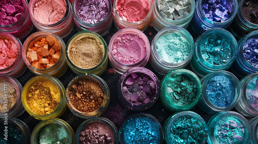 Poster a close-up view of an assortment of vibrant makeup pigments and powders arranged in small glass jars