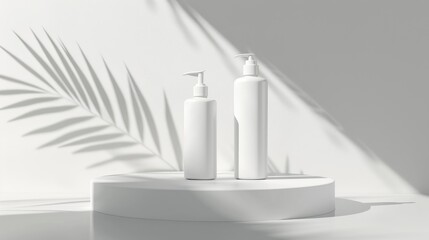 A clean and elegant mockup of white lotion bottles on a minimalist podium, well-lit with plenty of space for copy