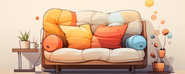 A cozy cartoon couch with colorful pillows in a living room setting.