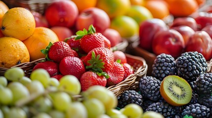 Assortment of Juicy fresh fruit on display at market