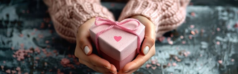 Symbol of Love: Close-up of Female Hands Holding Pink Heart Gift for Valentine's Day, Birthday, or Mother's Day on Concrete Board Flat Lay Background with Other Gift Boxes