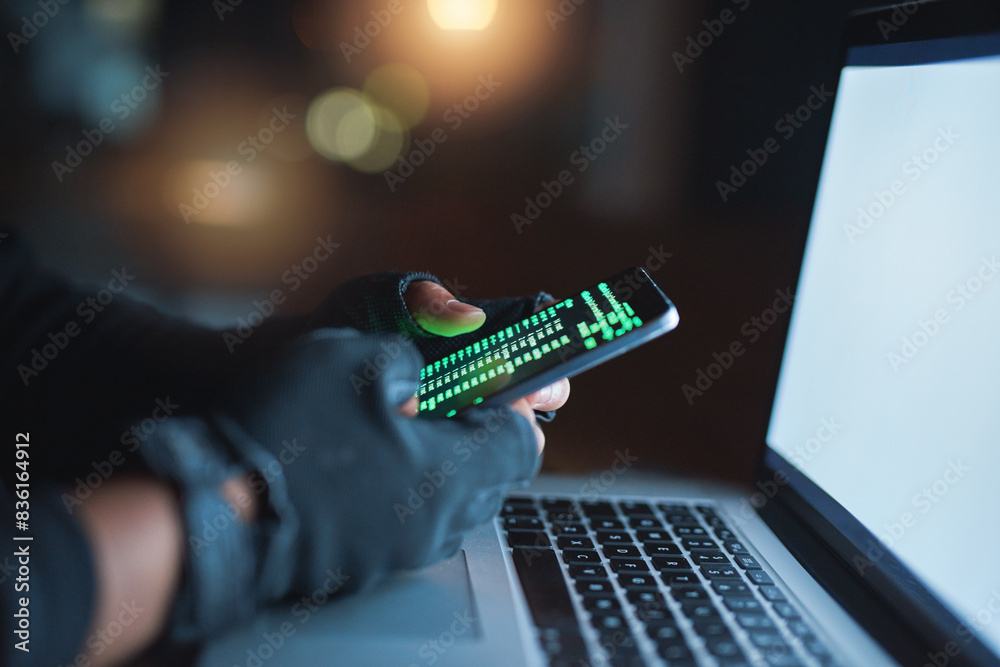 Poster phone, hacker and coding on laptop at night for hacking software database, password or virus update 
