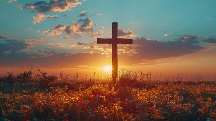 Sunset Cross: A Christian Symbol on a Field at Dusk