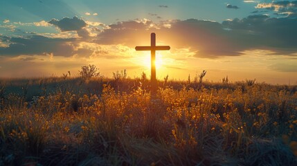 Sunset Cross: A Christian Symbol on a Field at Dusk